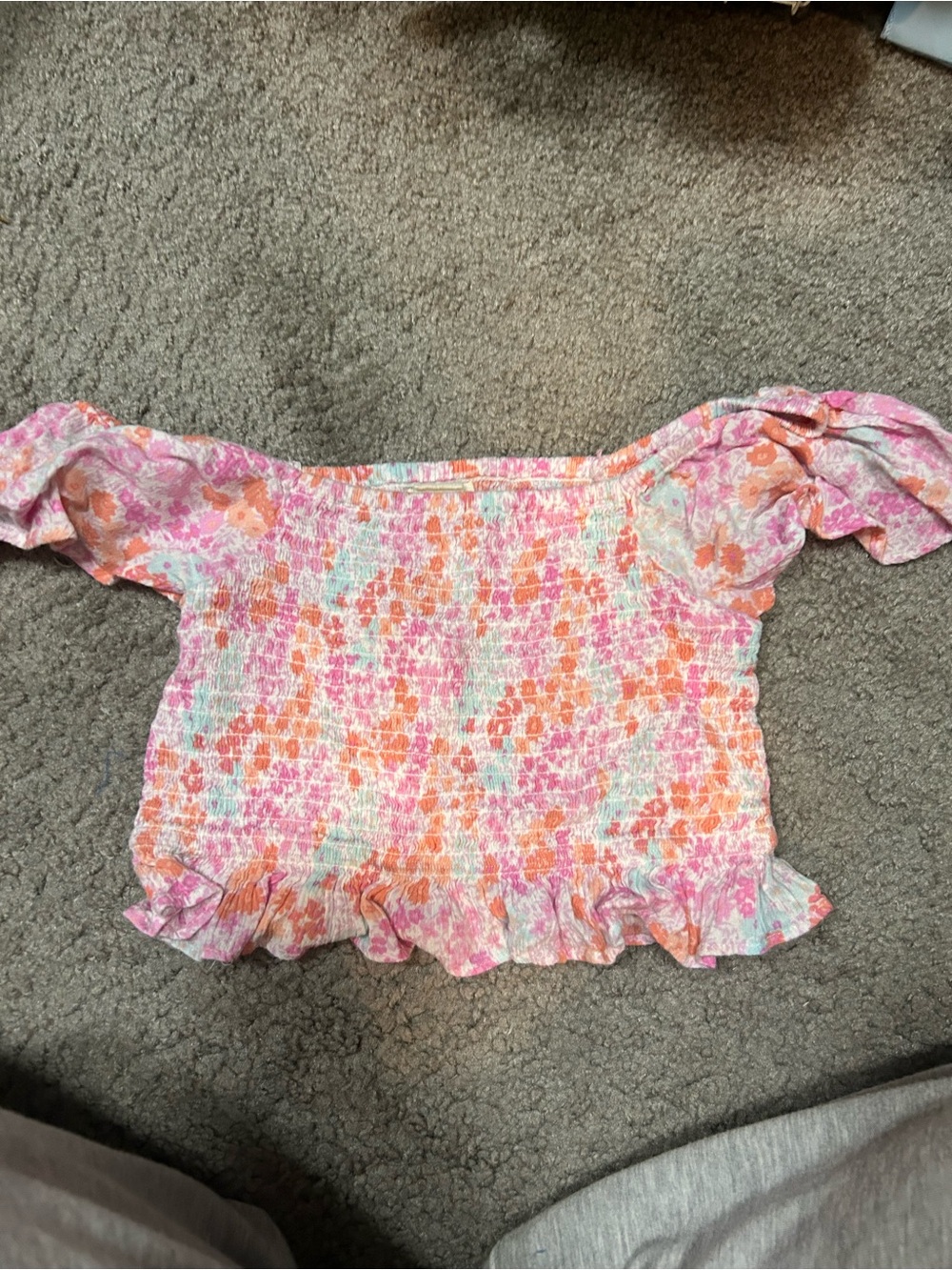 Billabong Pink & Orange Floral Smocked Off-Shoulder Crop Top